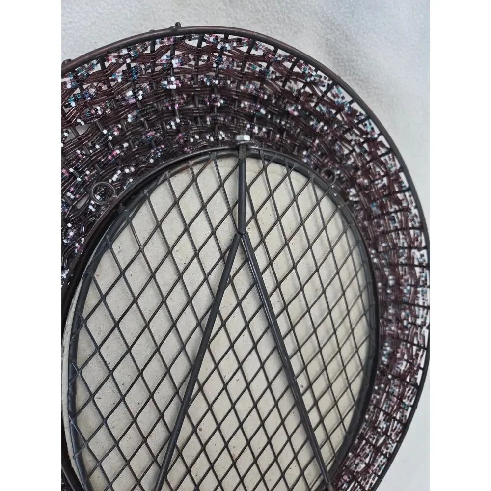 Vtg Metal Oval Beaded Wall Mirror Boho Deep Purple Brown Seed Beads